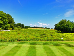 The tee shot on the par-5 opening hole at Newport National Golf Club goes over an environmentally protected area. (Mike Bailey/Golf Advisor)